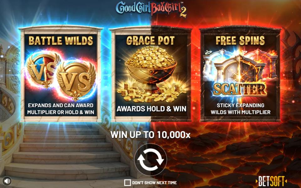 Good Girl Bad Girl 2 splash screen showing the Battle Wilds, Grace Pot and Free Spins features above a 10,000x maximum win