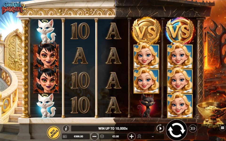 Five by four grid with two gold VS Battle Wild medallions on the right hand reels