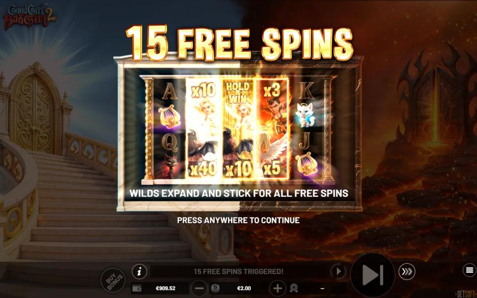 Award card granting fifteen free spins with expanding wilds that stick for the whole feature