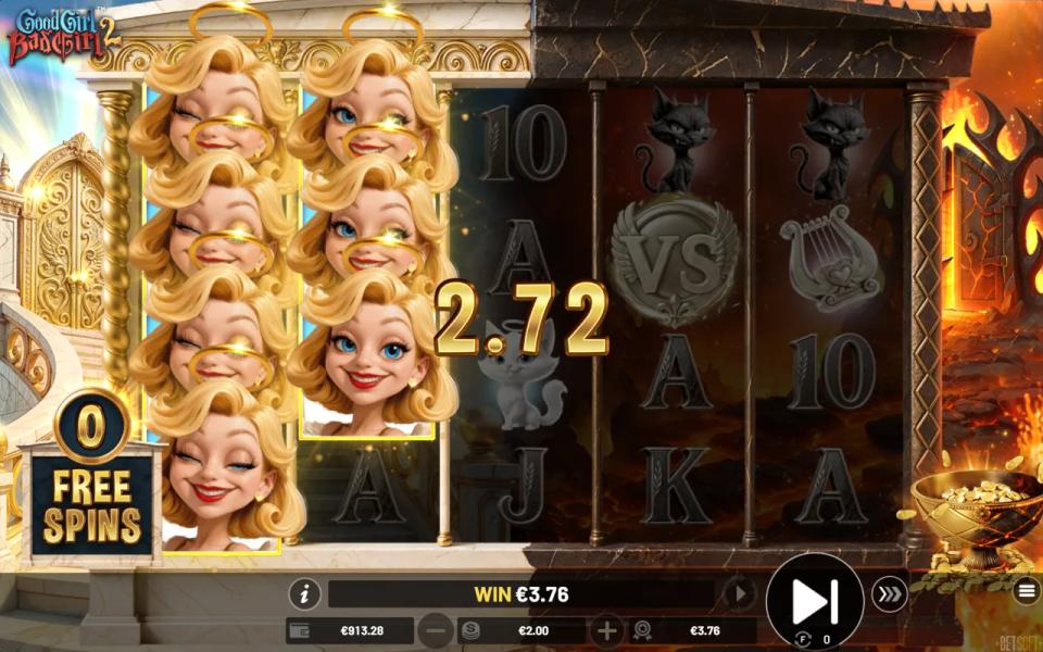 Free spins board with a stacked reel of Good Girl angel symbols paying seventeen two of a kind lines at once