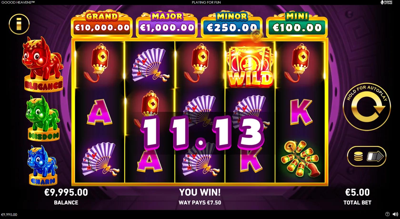 Goood Heavens slot gameplay showing a 5x3 Chinese-New-Year grid with lantern, fan and gold-ingot symbols, three lucky-horse coin banks and four jackpots