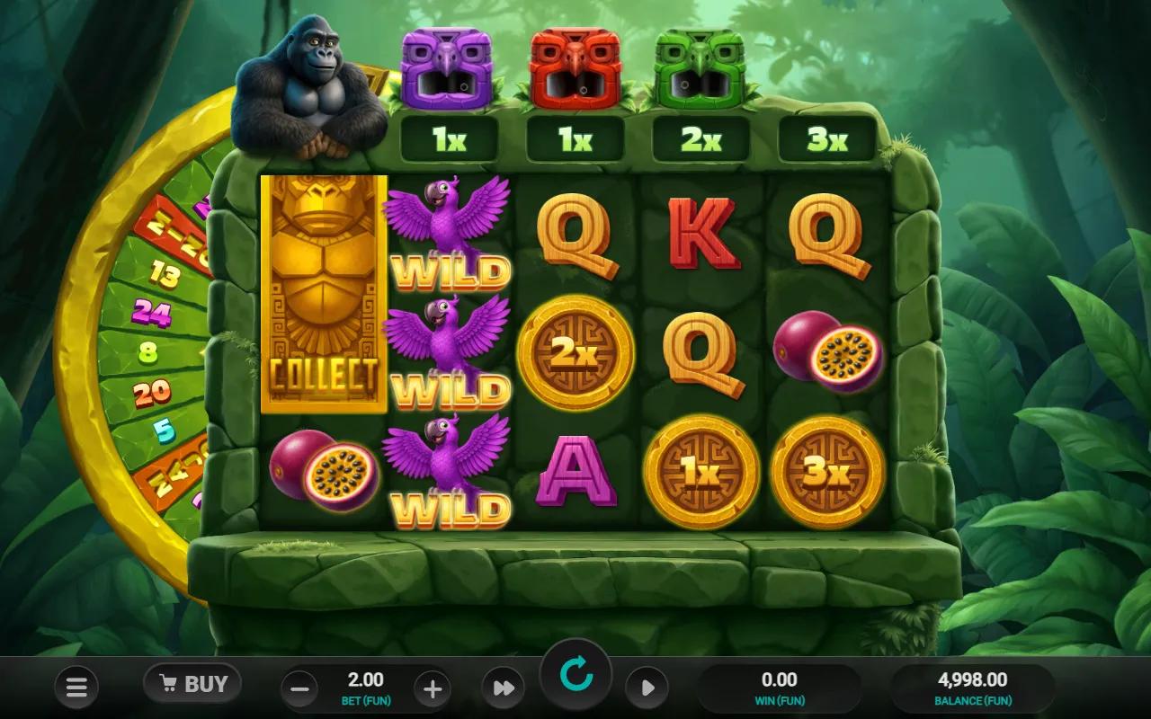 Gorilla Fortune Punch slot 5x3 grid with stacked COLLECT gorilla on reel 1, three purple parrot wilds and 1x-3x coins