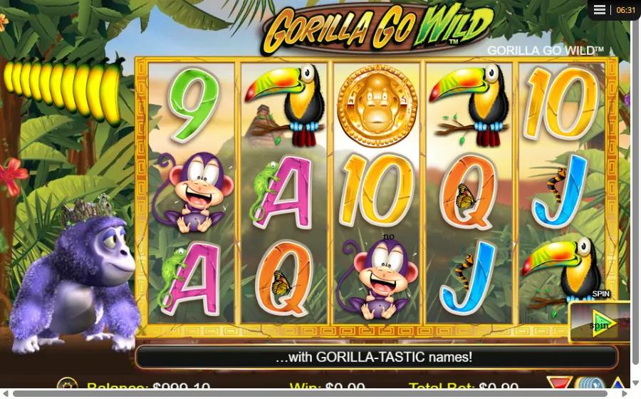 Gorilla Go Wild slot gameplay showing 5x3 jungle grid with gold gorilla coin, monkeys and toucan symbols