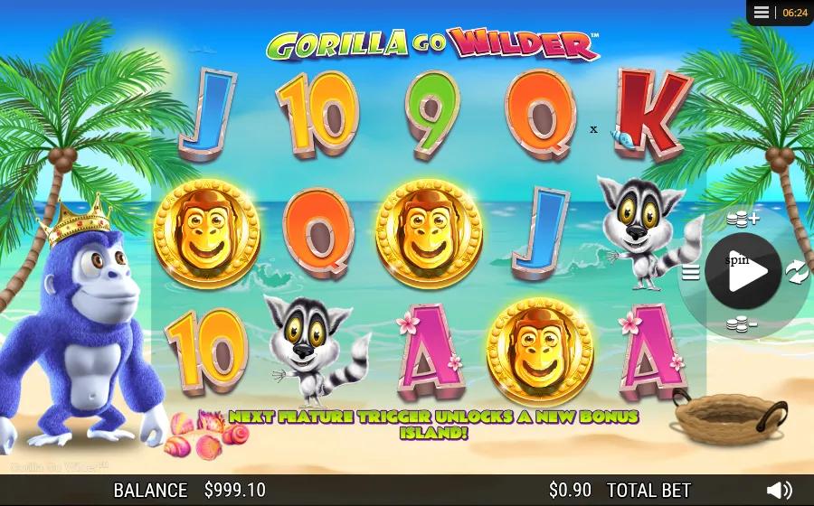 Gorilla Go Wilder slot gameplay showing 5x3 grid with gold gorilla coins, lemurs and the crowned gorilla Wild