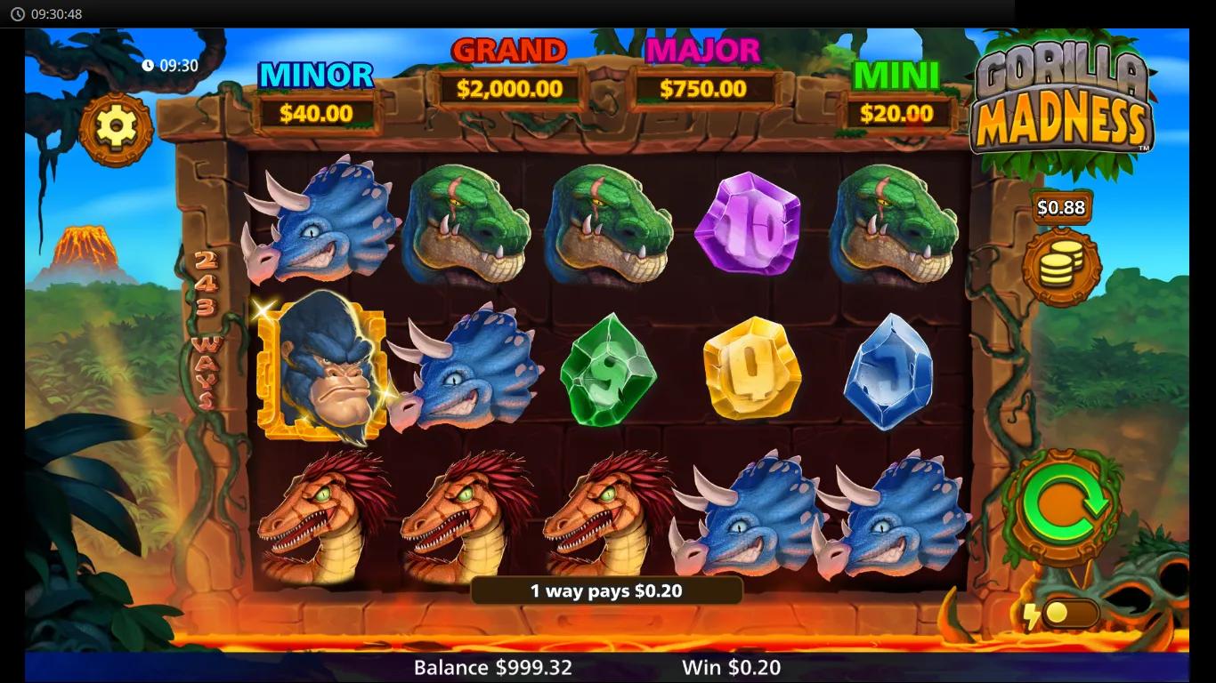 Gorilla Madness slot 5x3 reels with stone frame, jungle backdrop, active volcano, and four jackpot meters above