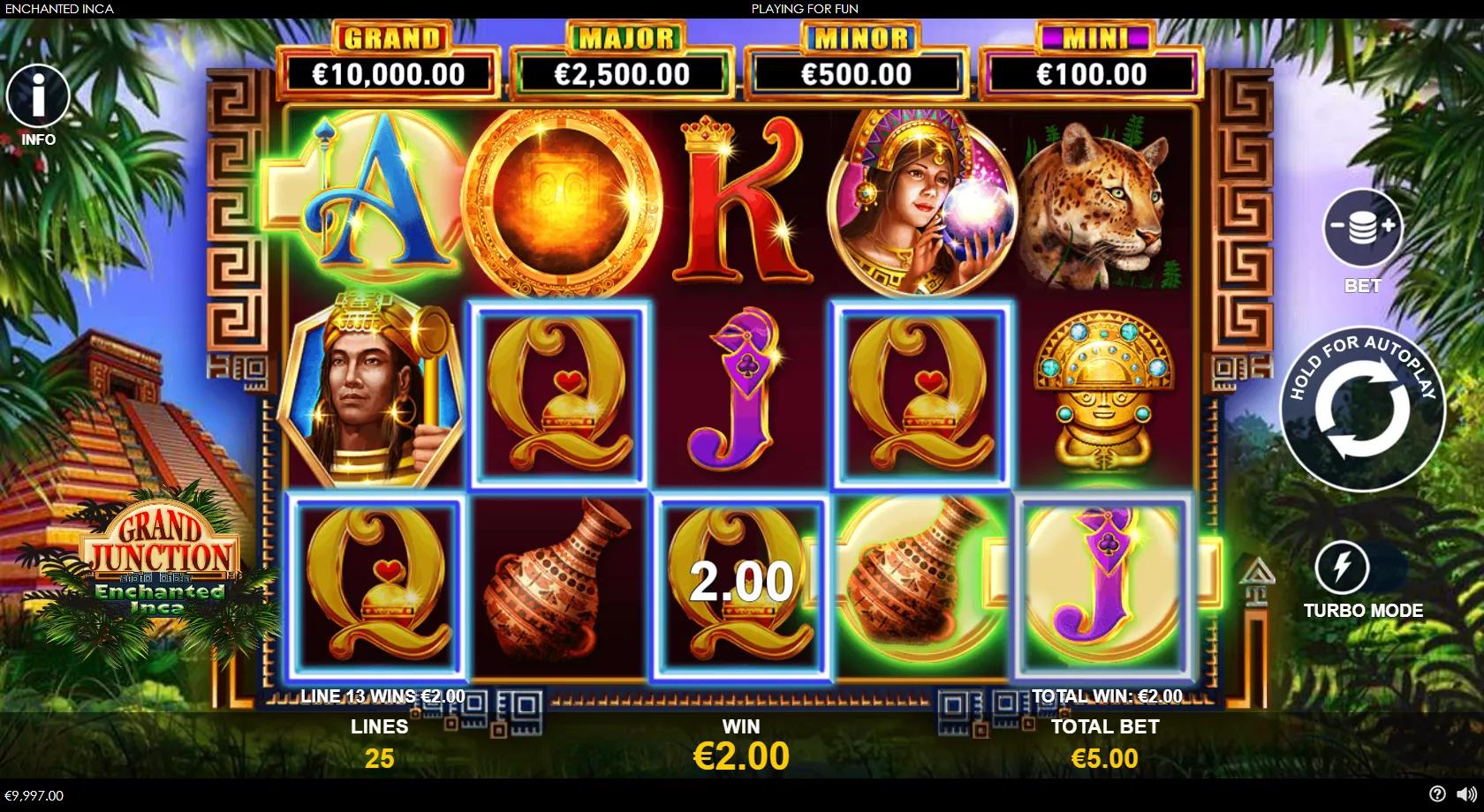 Grand Junction Enchanted Inca 5x3 Inca-treasure grid with a princess, warrior-king and jaguar beside four jackpot meters