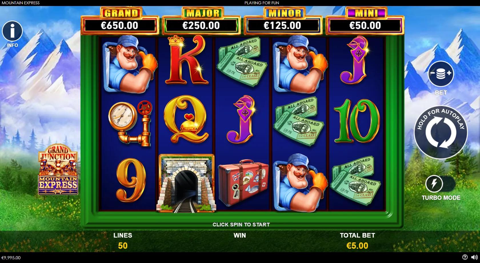 Grand Junction Mountain Express gameplay showing 5x3 railroad reels with a train driver and four jackpots