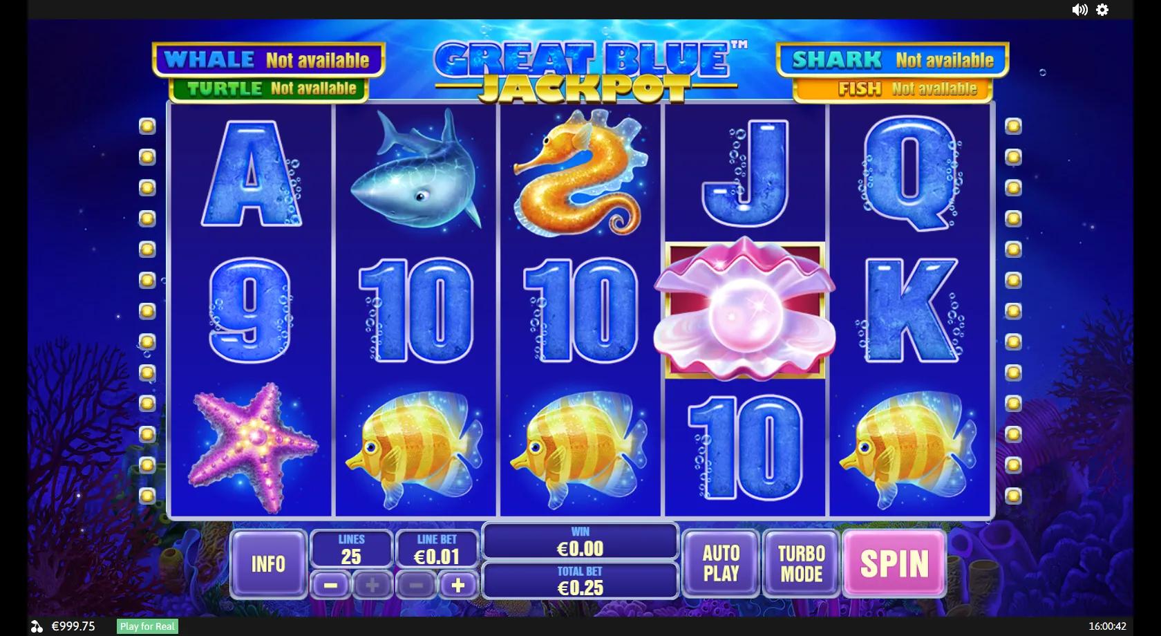 Great Blue Jackpot gameplay showing a 5x3 25-line underwater reel set with an orca wild, sharks, turtles and a pearl-shell scatter under four jackpot meters