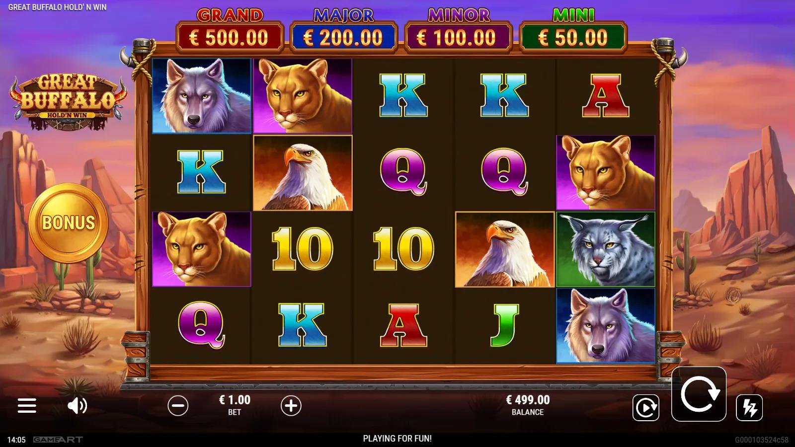 Great Buffalo Hold'n Win slot gameplay showing 5x4 grid with wolf, cougar, eagle and four jackpot tiers