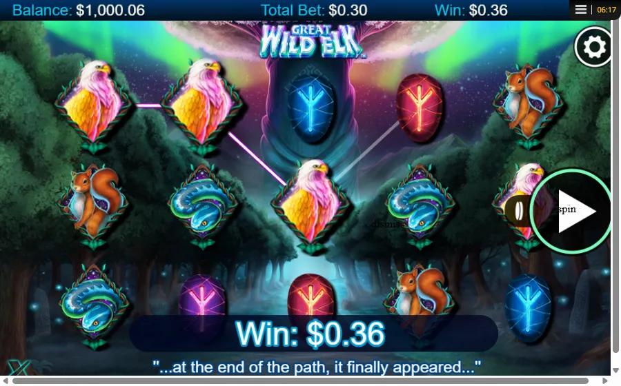 Great Wild Elk slot gameplay showing 5x3 grid with the white Wild Elk symbol on reel 3 under an aurora sky