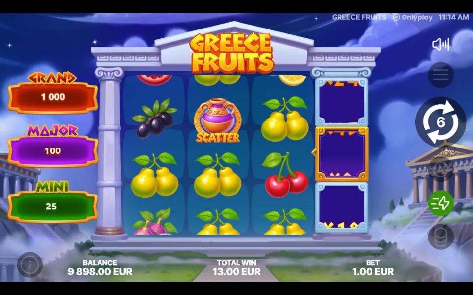Greece Fruits free spin where a single low-paying cherry line is multiplied by the centre multiplier on the fourth reel