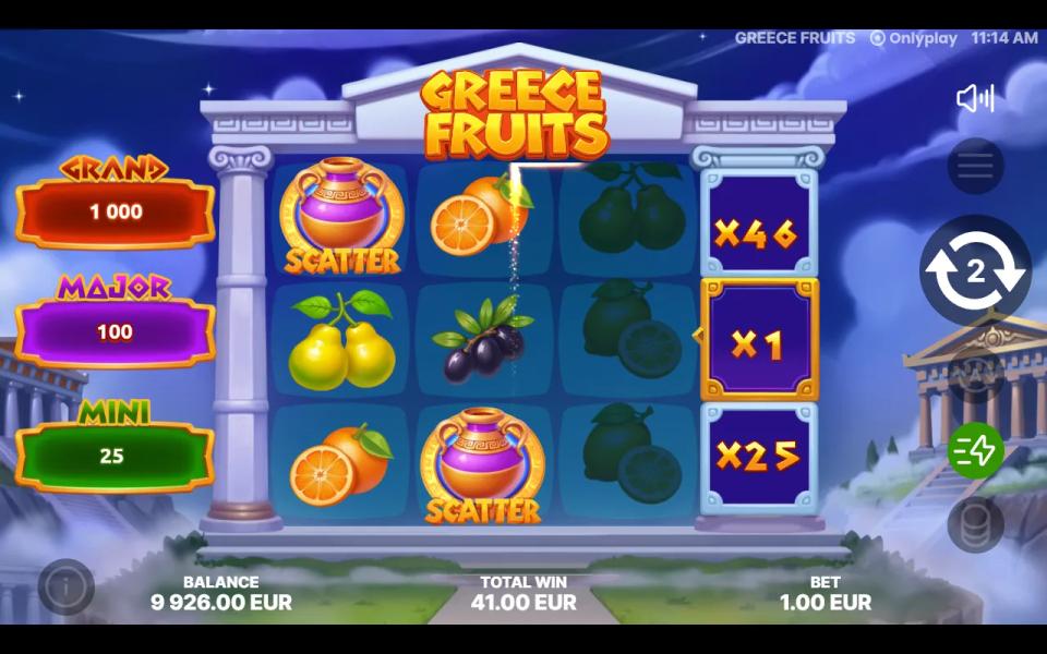 Greece Fruits bought free spins near the end, two spins left and x1 in the multiplier reel's centre frame