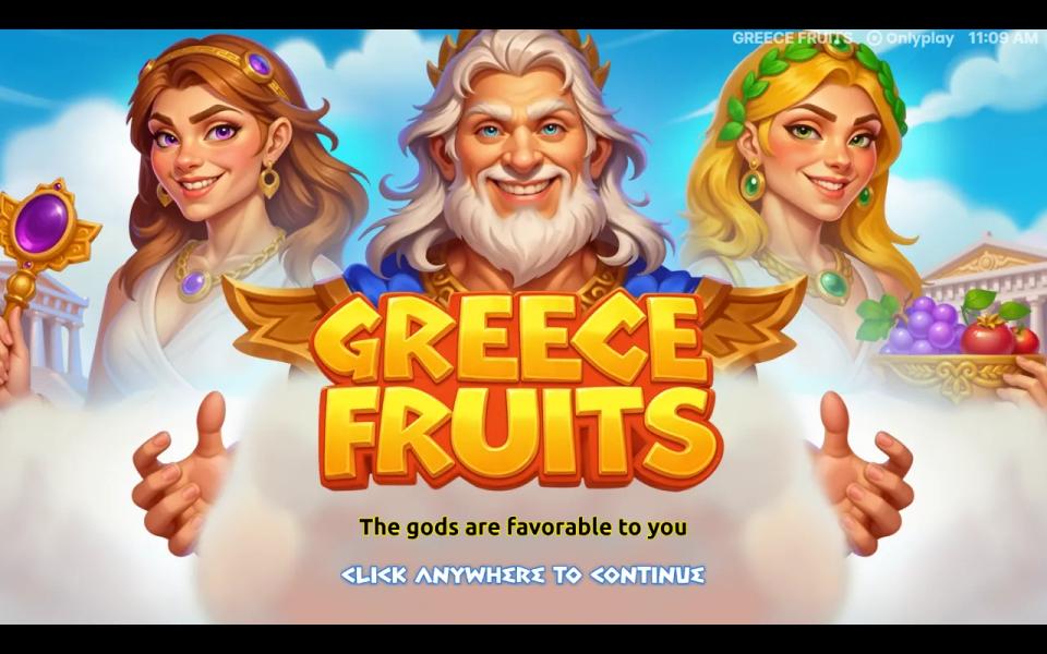 Greece Fruits start screen with three Greek gods above the game logo