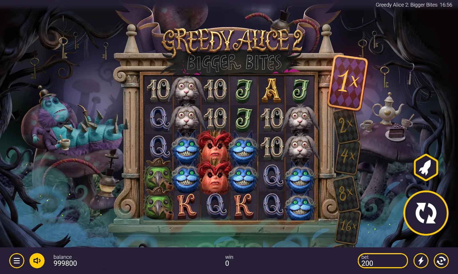 Greedy Alice 2: Bigger Bites slot gameplay showing the 5x6 scatter pays grid with the doubling multiplier ladder