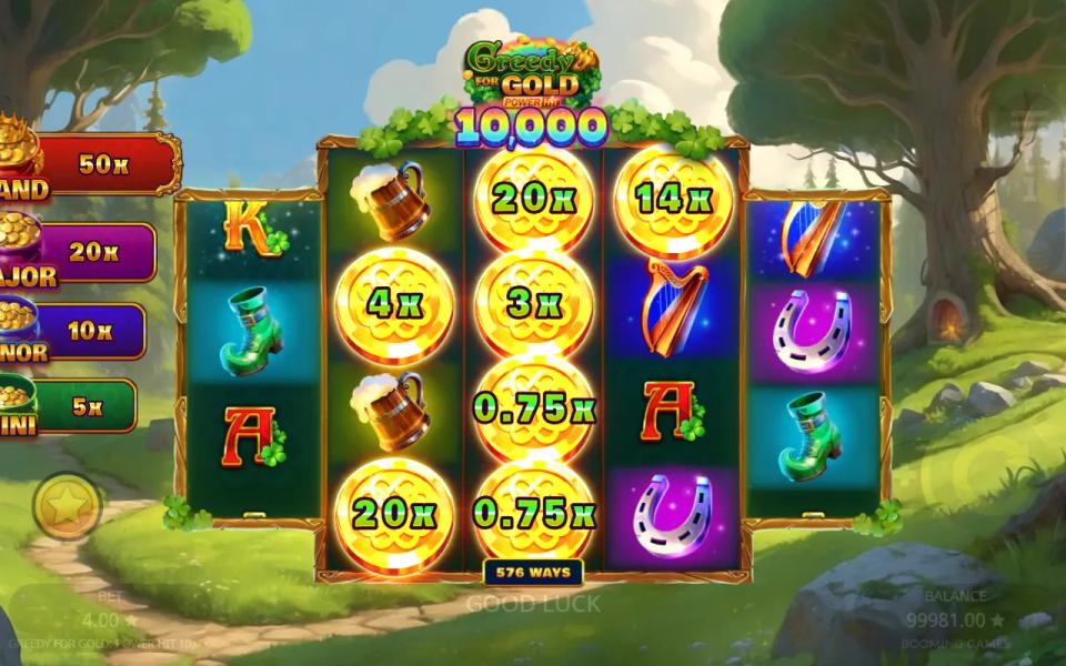 Greedy for Gold: Power Hit 10,000 base game with seven gold coin symbols on the reels reading 20x, 20x, 14x, 4x, 3x, 0.75x and 0.75x, and no collector on either edge reel