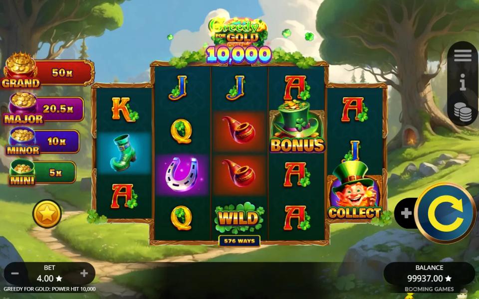 Base grid showing a WILD symbol, a green BONUS scatter and a COLLECT leprechaun at the same time
