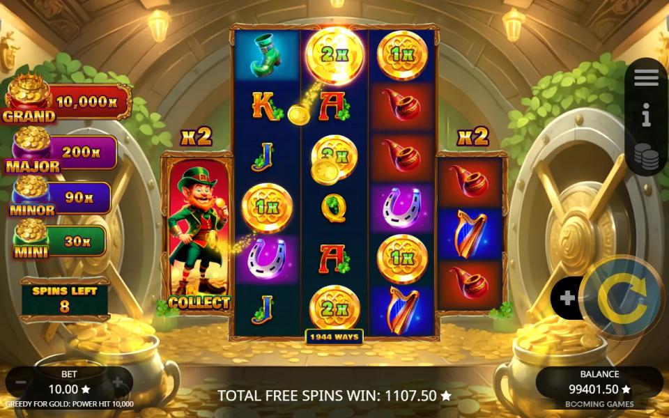Expanded 3x6x6x6x3 free spins grid at 1944 ways with x2 multipliers above both outer reels, a collector on reel one and the progressive prizes locked at maximum