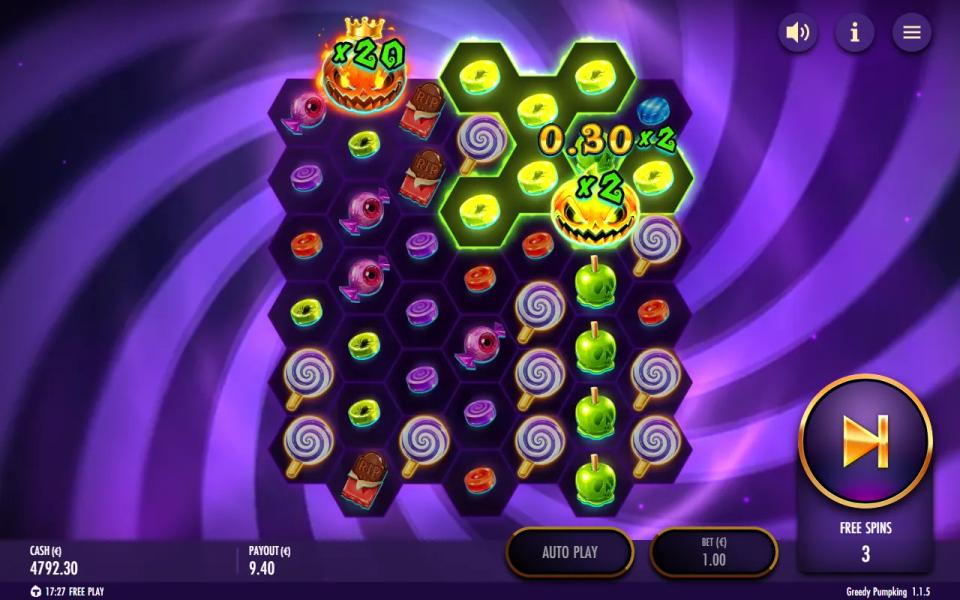 Greedy Pumpking free spins on the hexagonal candy board: a crowned x20 pumpkin wild stuck in the top corner and a fresh x2 pumpkin doubling a winning candy cluster