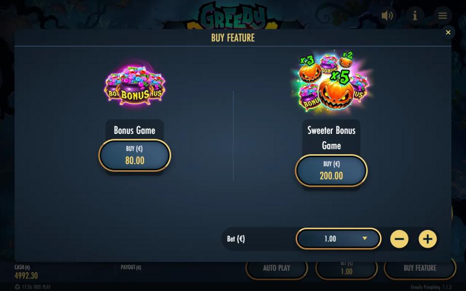 Greedy Pumpking Buy Feature panel offering the Bonus Game at 80x the bet and the Sweeter Bonus Game at 200x
