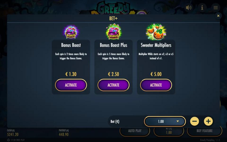 Greedy Pumpking BET+ panel with Bonus Boost, Bonus Boost Plus and Sweeter Multipliers and their prices