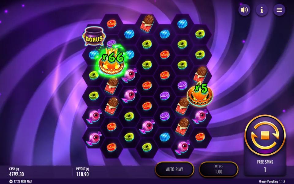 Greedy Pumpking bonus board with two grown sticky pumpkin wilds, x66 and x5, waiting apart from each other on the hex grid