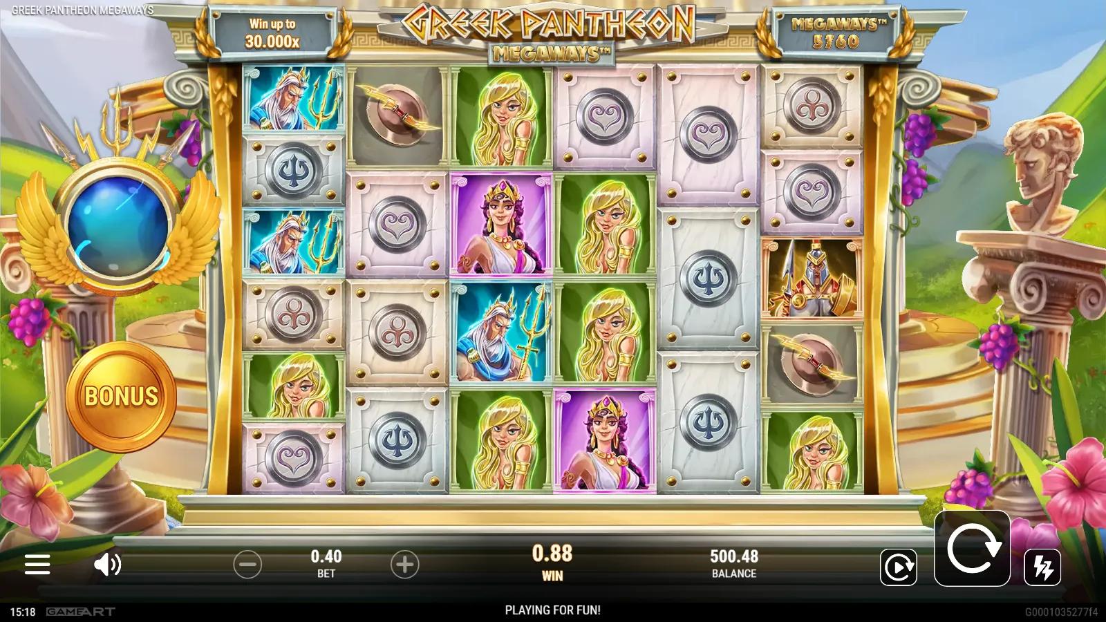 Greek Pantheon Megaways slot gameplay showing 6-reel grid with Zeus, Aphrodite and coin medallion symbols