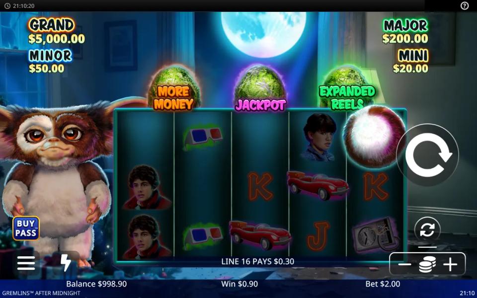 Gremlins After Midnight base game with a paying line highlighted across the five reels