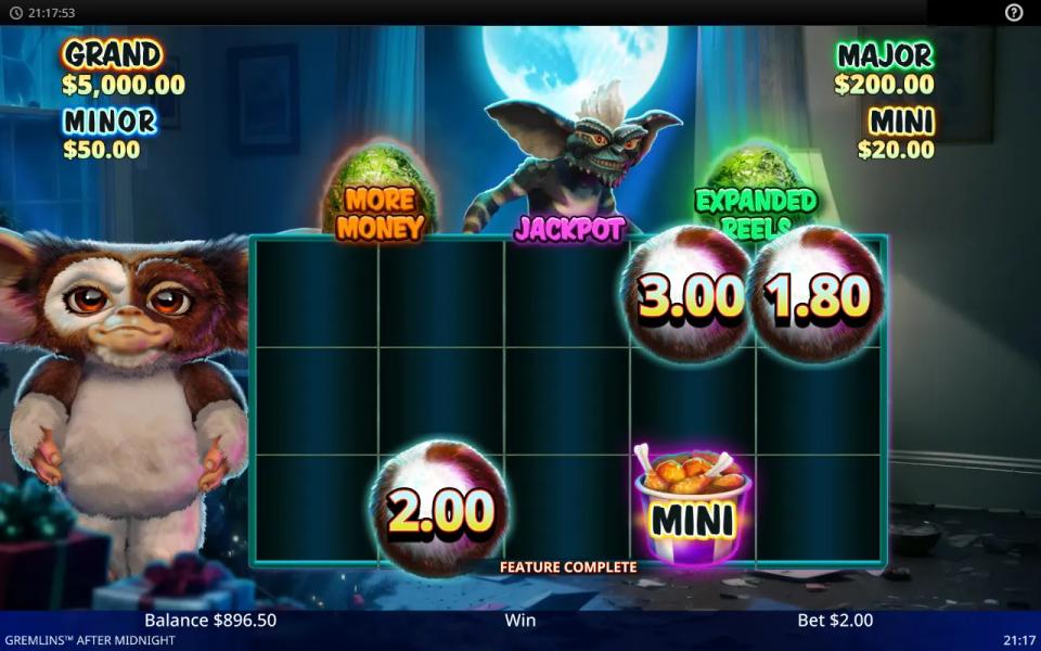 Gremlins After Midnight Hold and Spin feature with three held Fuzz Balls and a Mini jackpot bucket on an otherwise empty grid