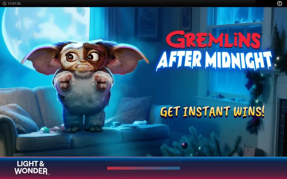 Gremlins After Midnight loading art showing Gizmo in the Peltzer living room with a full moon behind the window
