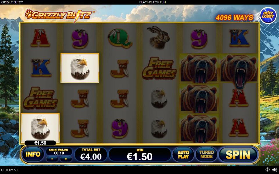 Grizzly Blitz base game paying a token win on a pair of animal symbols