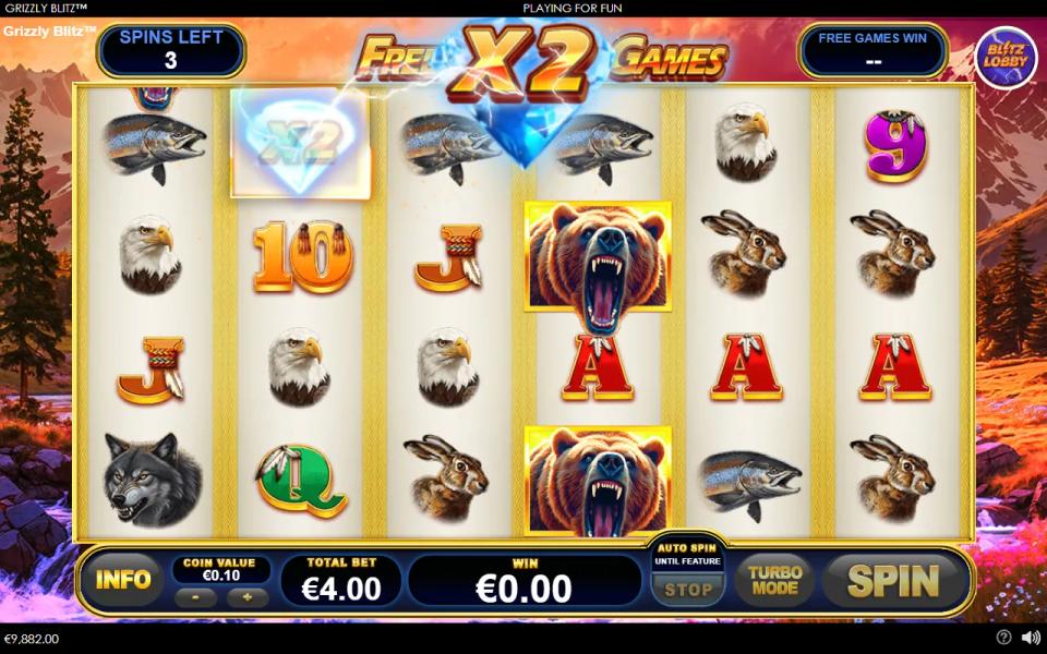 Grizzly Blitz free games with the diamond wild showing an X2 multiplier stamp