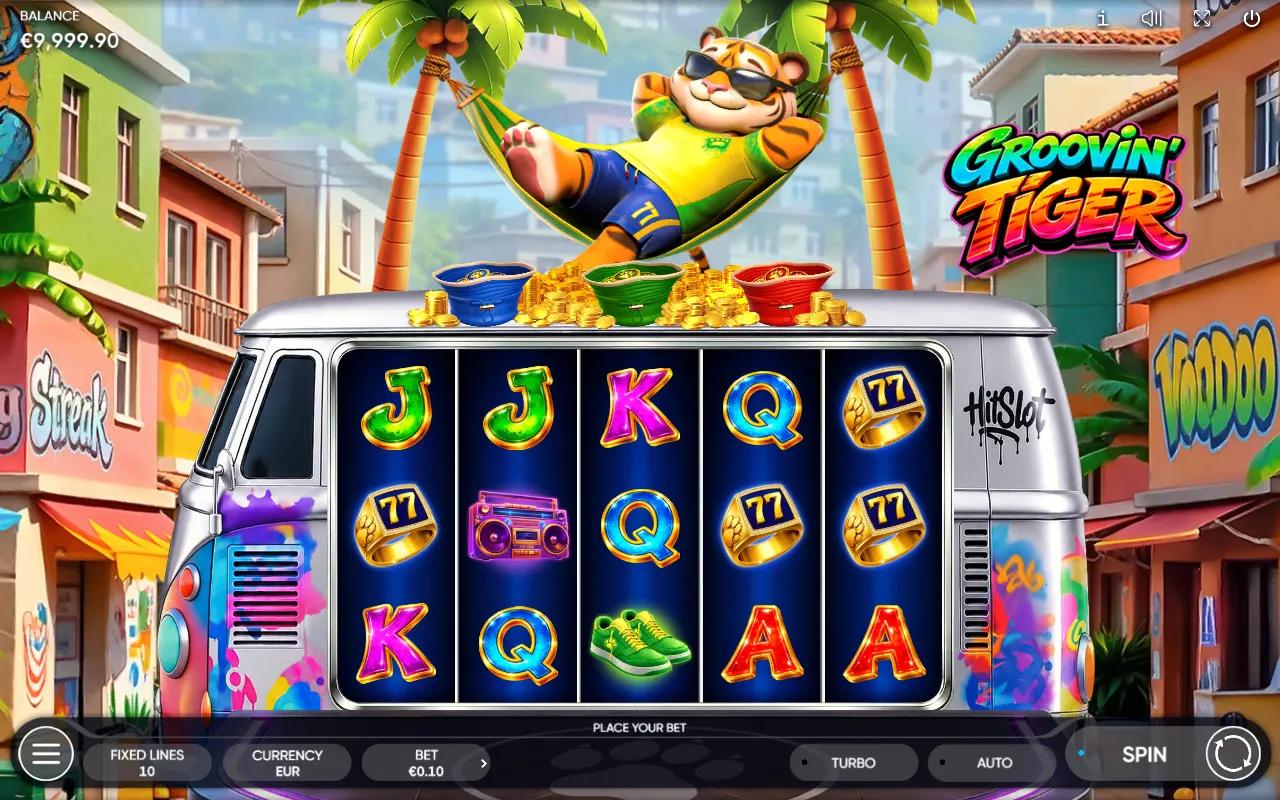 Groovin' Tiger slot 5x3 grid inside a graffiti camper van with the blue, green and red coin hats stacked above the reels