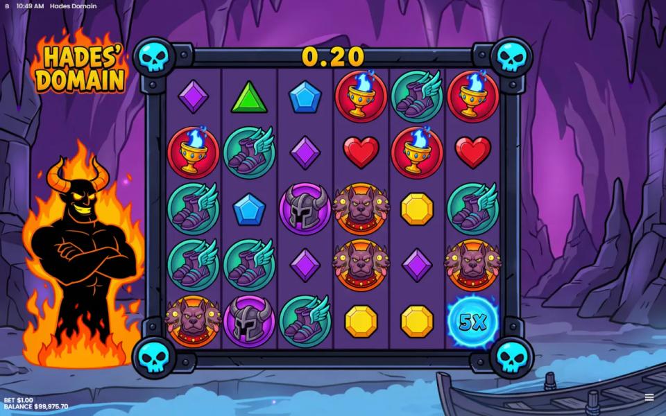 Base game board with a small tumble win above the grid and a blue 5x Soul Multiplier orb on the bottom right reel