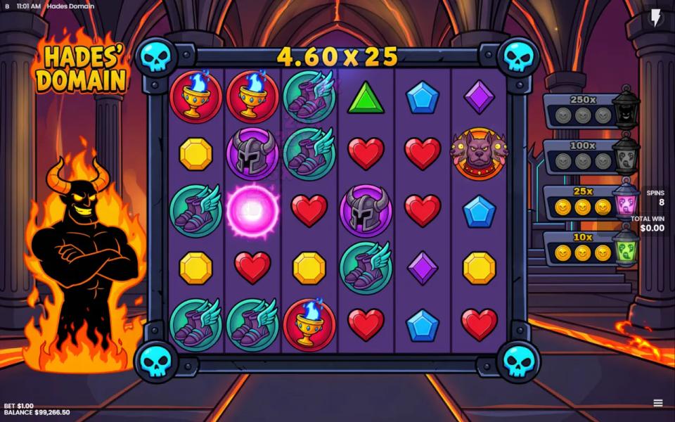Legendary Bonus free spin: a pink Soul Multiplier orb on reel 2 and the tumble total shown times 25 above the grid, the ladder lit up to the 25x level