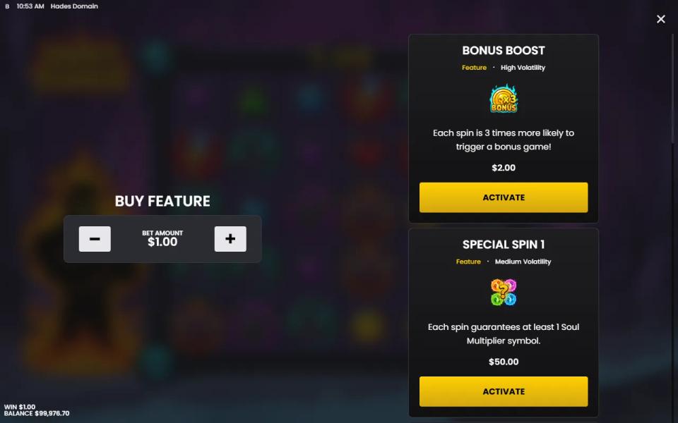 Hades Domain buy menu at a 1.00 bet listing Bonus Boost at 2.00 and Special Spin 1 at 50.00, each with its volatility label