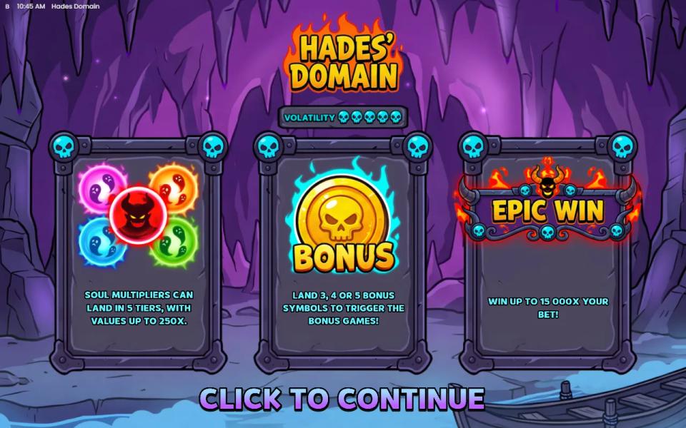 Hades Domain splash screen with five of five volatility skulls and cards for the Soul Multipliers, the Bonus symbols and the 15,000x max win