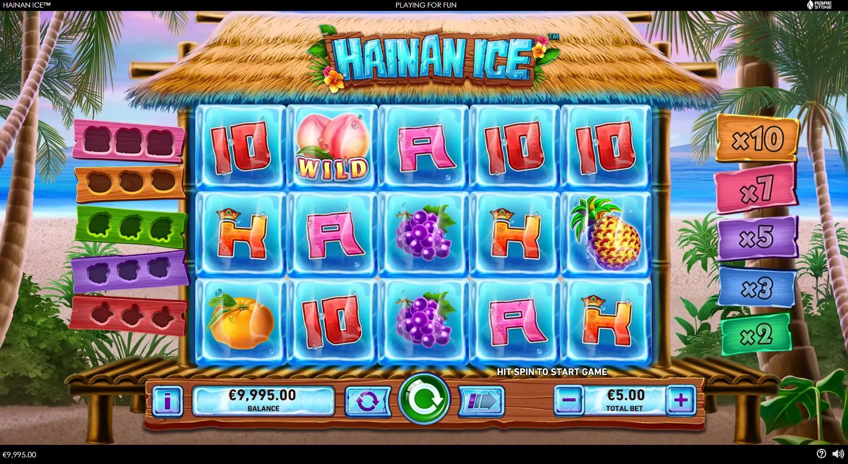 Hainan Ice 5x3 grid of tropical fruit frozen in ice cubes with a peach wild, fruit-collect meters and a cascade multiplier ladder