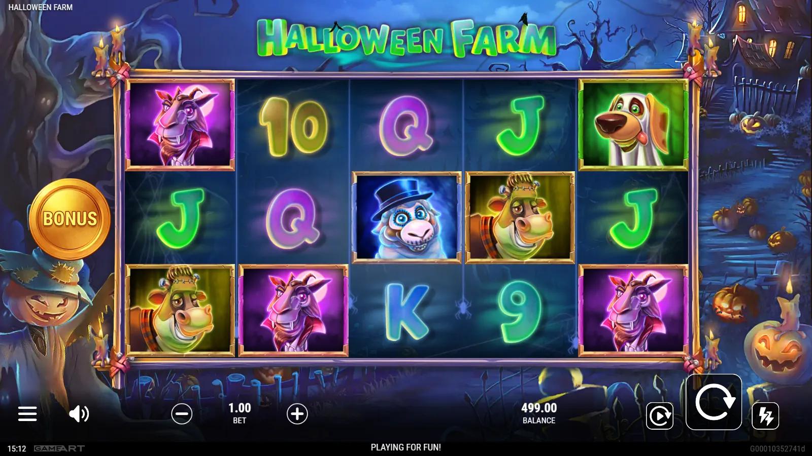 Halloween Farm slot gameplay showing 5x3 grid with spooky farm animals, a Crow Wild and a pumpkin Scatter