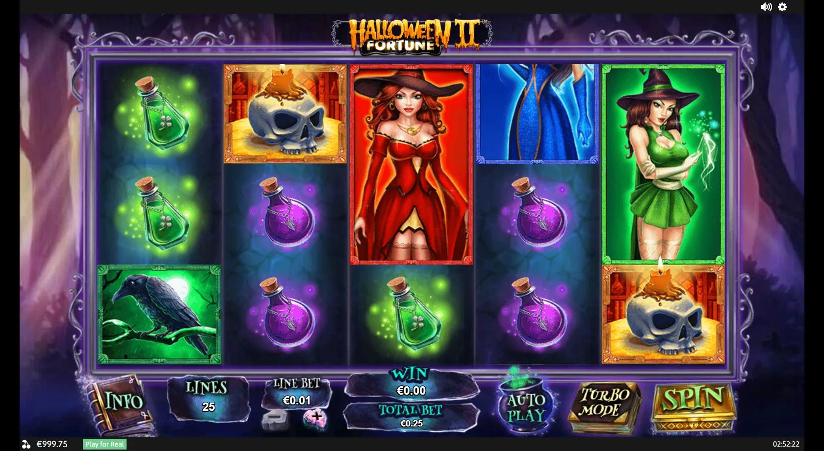 Halloween Fortune II 5x3 haunted-forest grid with red, green and blue witches, a black cat and a pumpkin wild
