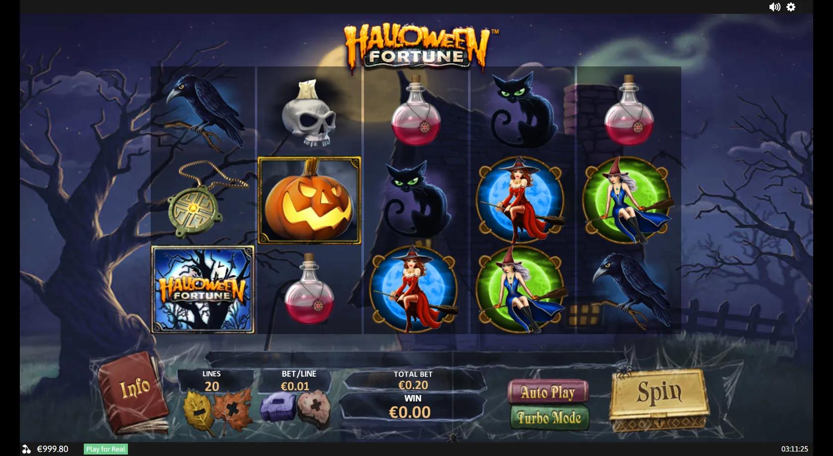 Halloween Fortune 5x3 spooky-woods grid with red, green and blue witches, a black cat and a Jack-O-Lantern pumpkin wild