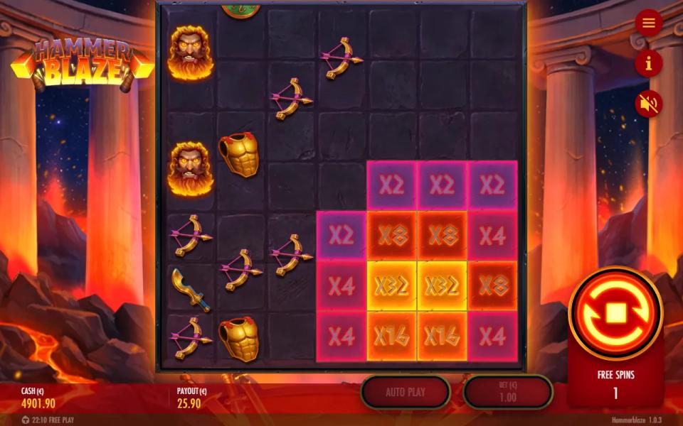 Hammerblaze bonus board between drops, mostly empty, with sticky multiplier cells from X2 up to two X32 cells in the lower right