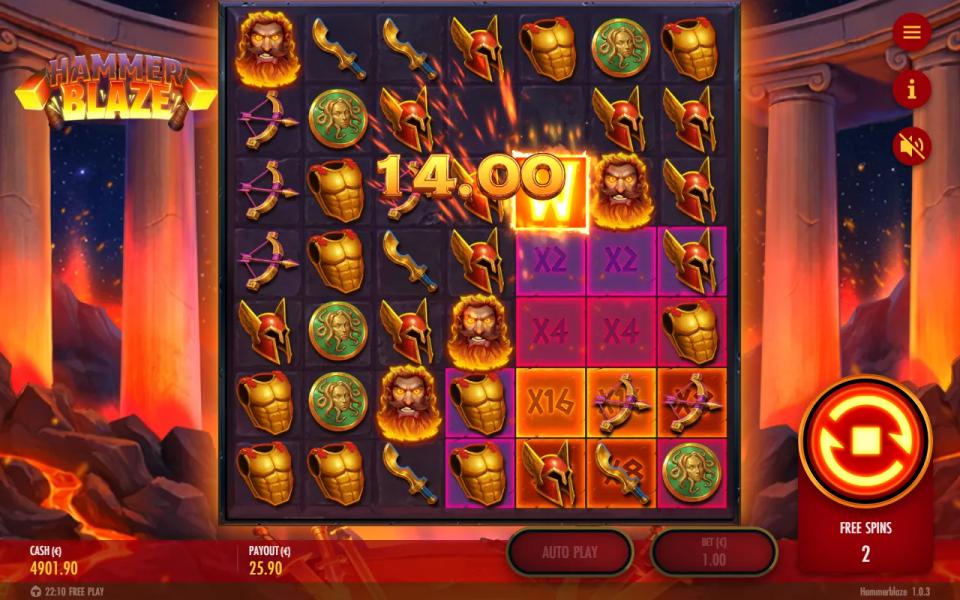 Hammerblaze free spin with a dagger cluster win label beside a freshly exploded hammer wild, over X2, X4 and X16 cells