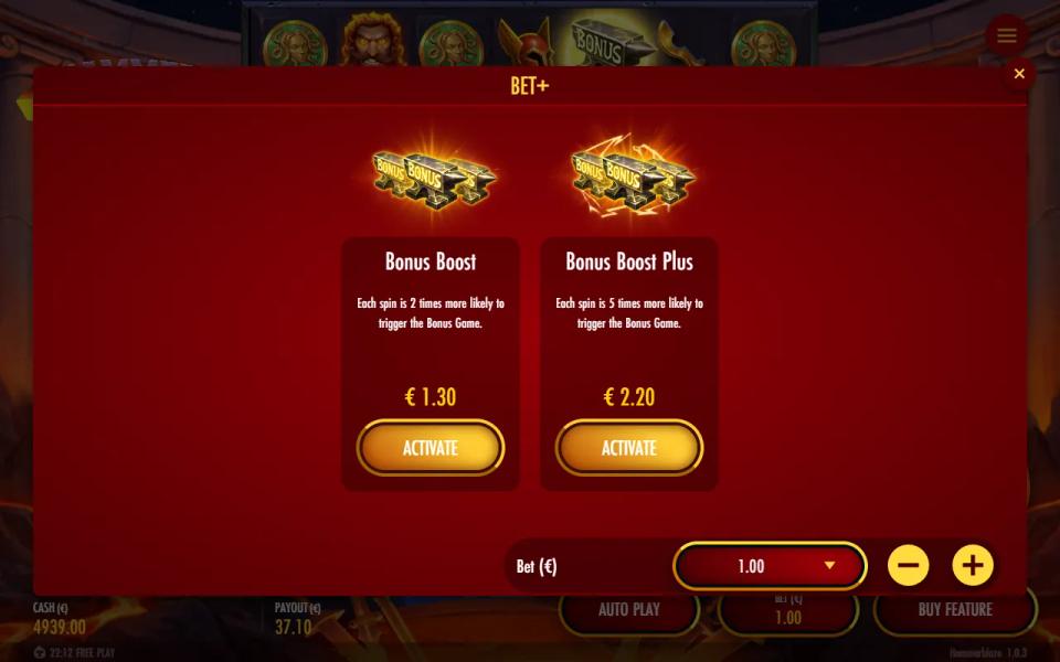 Hammerblaze BET+ menu offering Bonus Boost at 1.30 per spin and Bonus Boost Plus at 2.20 per spin