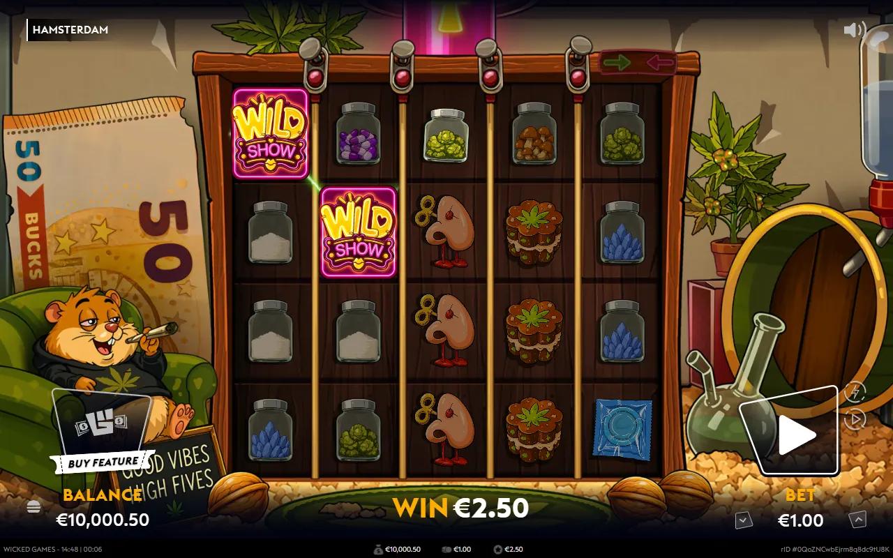 Hamsterdam slot 5x4 grid of drug jars in a hamster grow room with two WILD SHOW neon wilds lighting a payline