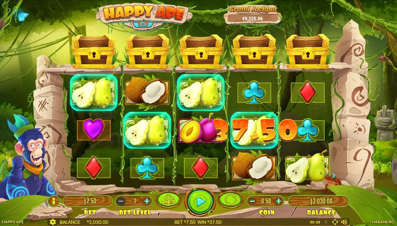 Happy Ape slot gameplay showing 5x3 grid with fruit and card suit symbols framed by jungle temple pillars and blue ape mascot