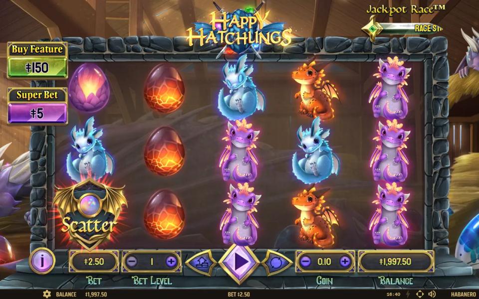 Happy Hatchlings 5x3 board with three purple dragons stacked on the fifth reel and a lone scatter on the first