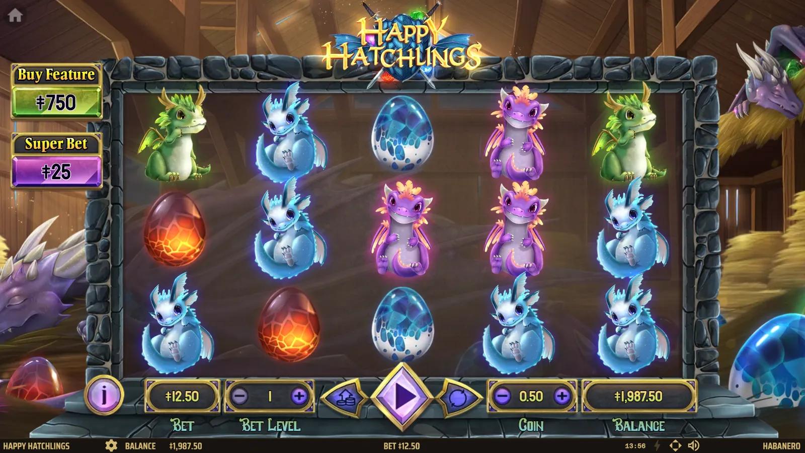 Happy Hatchlings slot gameplay showing 5x3 grid with baby dragon hatchlings and glowing dragon-egg symbols