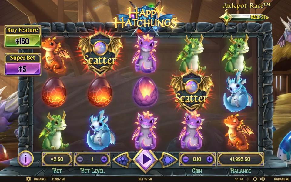 Happy Hatchlings board with two glowing scatter shields on the second and fourth reels and no third scatter