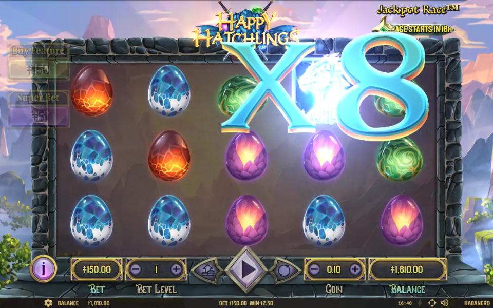 Happy Hatchlings free game announcing an x8 multiplier over a board containing only unhatched eggs