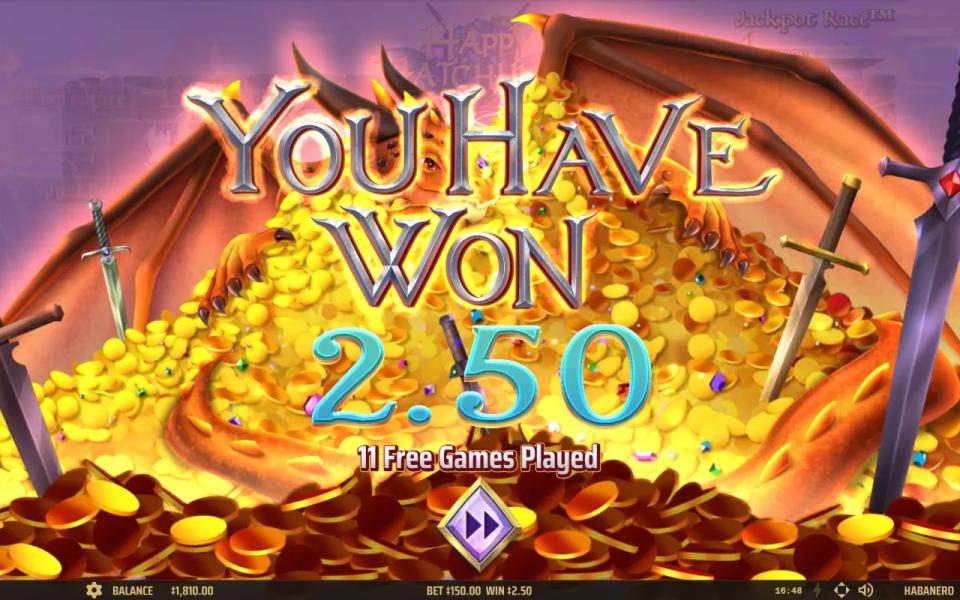 Happy Hatchlings bonus summary screen showing a dragon on a hoard of gold above a win of 2.50
